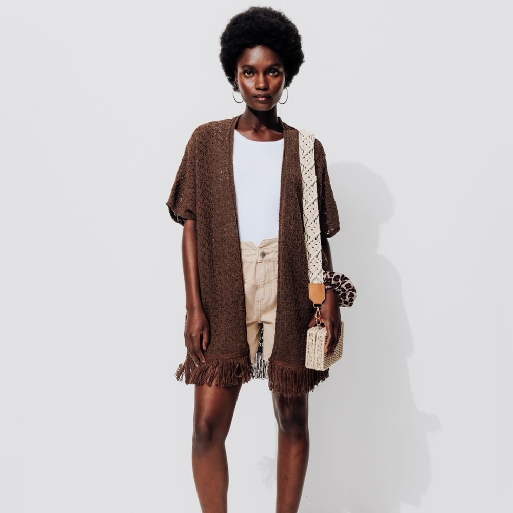 NWT Aerie Brown Crochet Fringe Open-Front Sweater One Size MSRP:$60